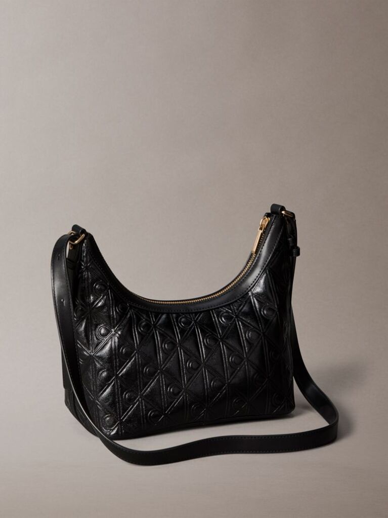 Black Debossed Allover Emblem Logo Small Shoulder Bag  Women