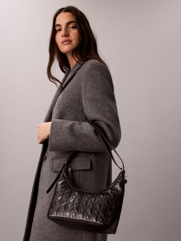 Black Debossed Allover Emblem Logo Small Shoulder Bag  Women