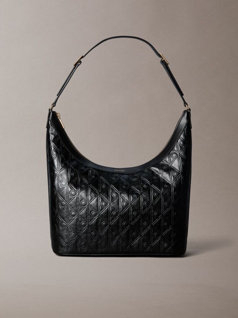 Black Debossed Allover Emblem Logo Shoulder Bag  Women