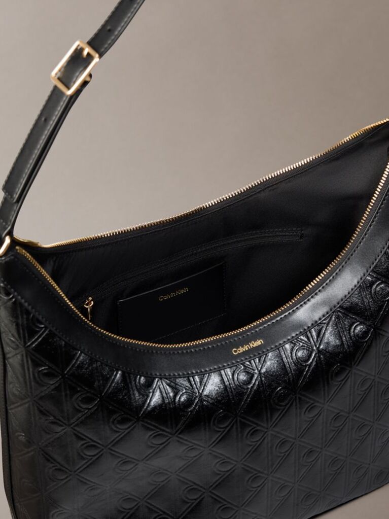 Black Debossed Allover Emblem Logo Shoulder Bag  Women