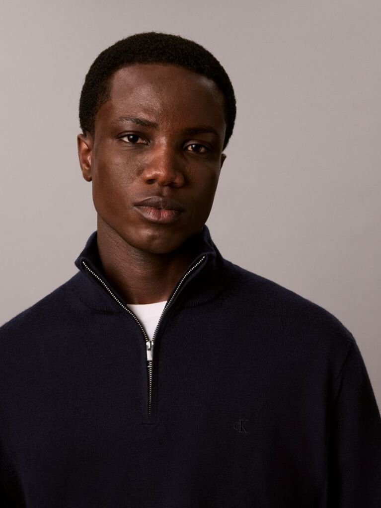Blue Merino Wool Quarter Zip Jumper  Men