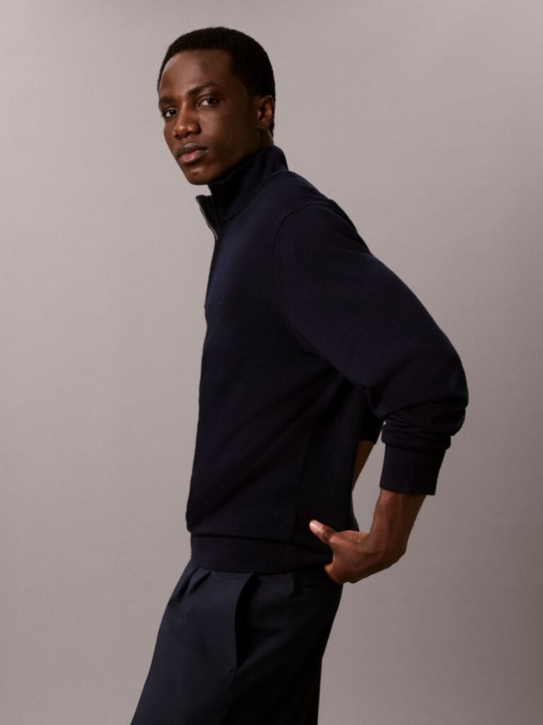 Blue Merino Wool Quarter Zip Jumper  Men