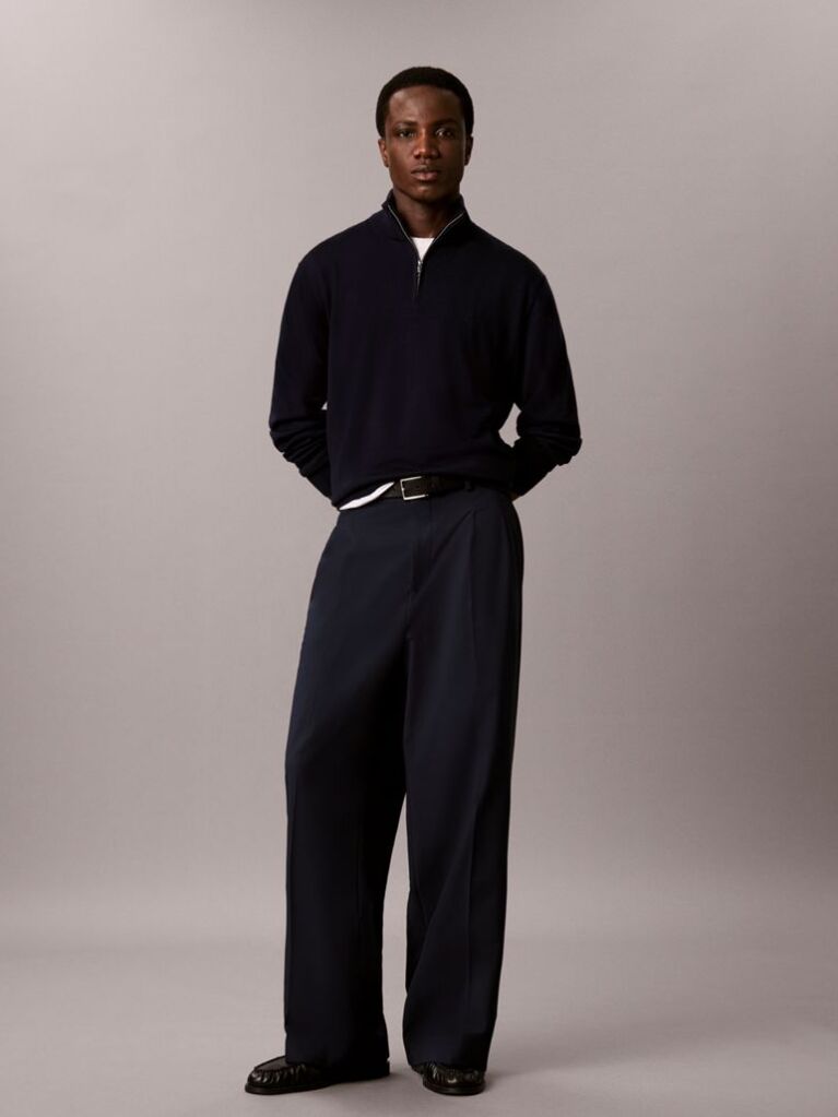 Blue Merino Wool Quarter Zip Jumper  Men