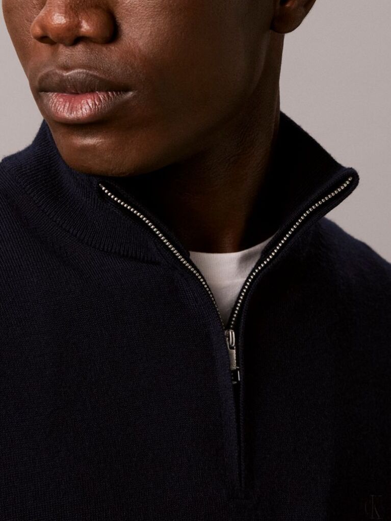 Blue Merino Wool Quarter Zip Jumper  Men