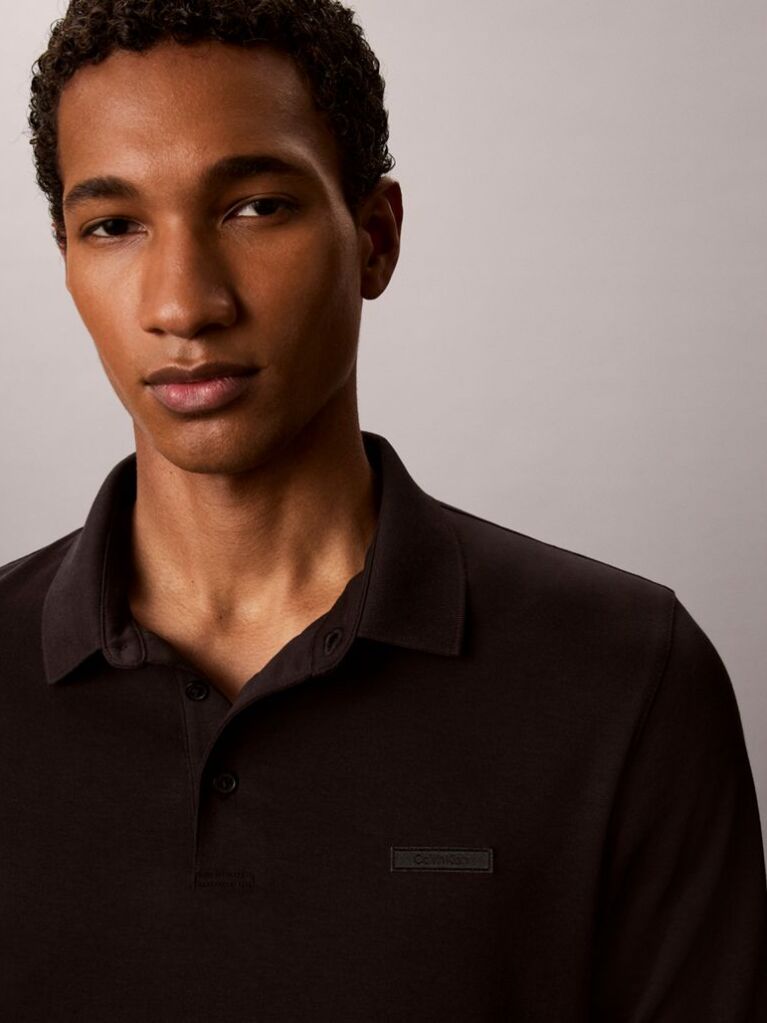 Black Slim Cotton Long Sleeve Polo Shirt  Men