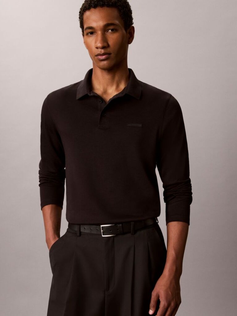 Black Slim Cotton Long Sleeve Polo Shirt  Men