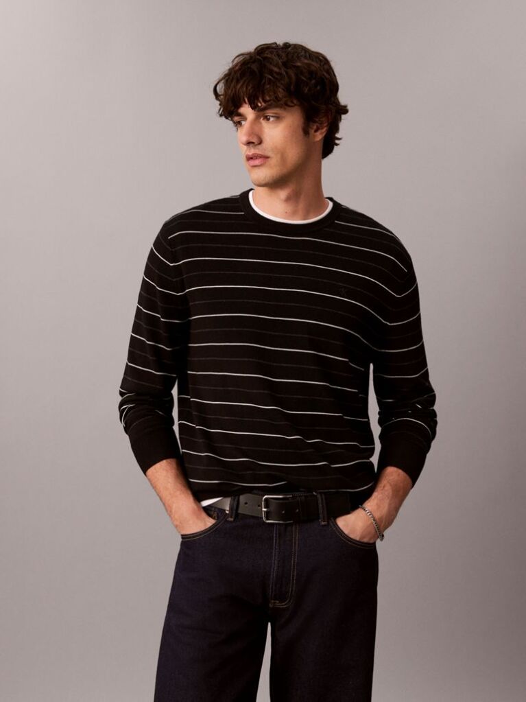 Black Merino Wool Stripe Jumper  Men