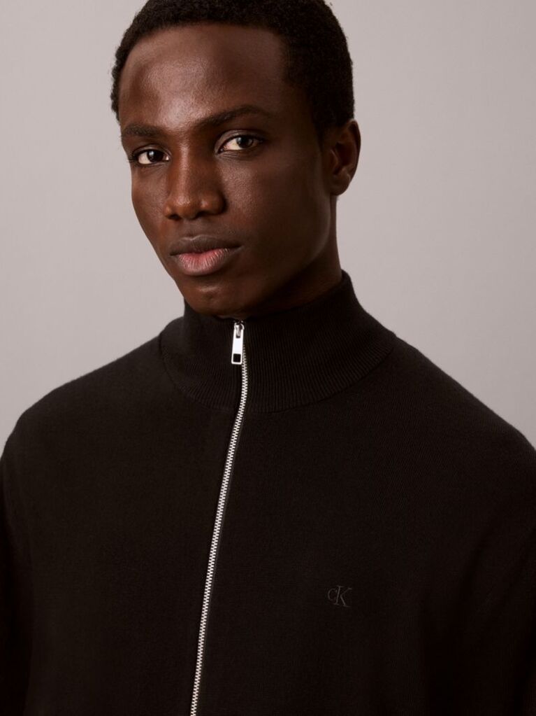 Black Merino Wool Zip-Up Cardigan  Men