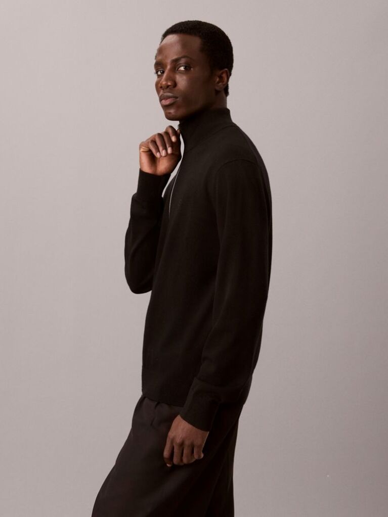 Black Merino Wool Zip-Up Cardigan  Men