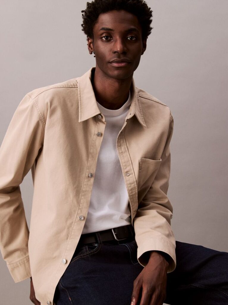 Beige Washed Cotton Canvas Shirt  Men