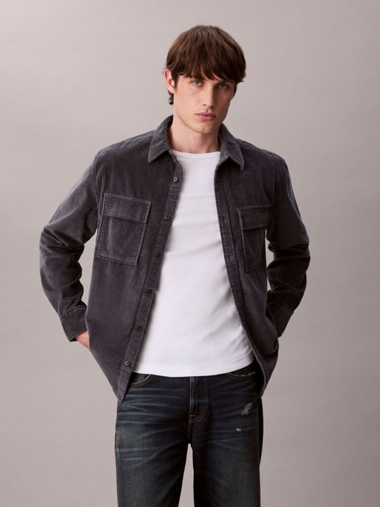 Grey Corduroy Relaxed Button-Down Shirt  Men