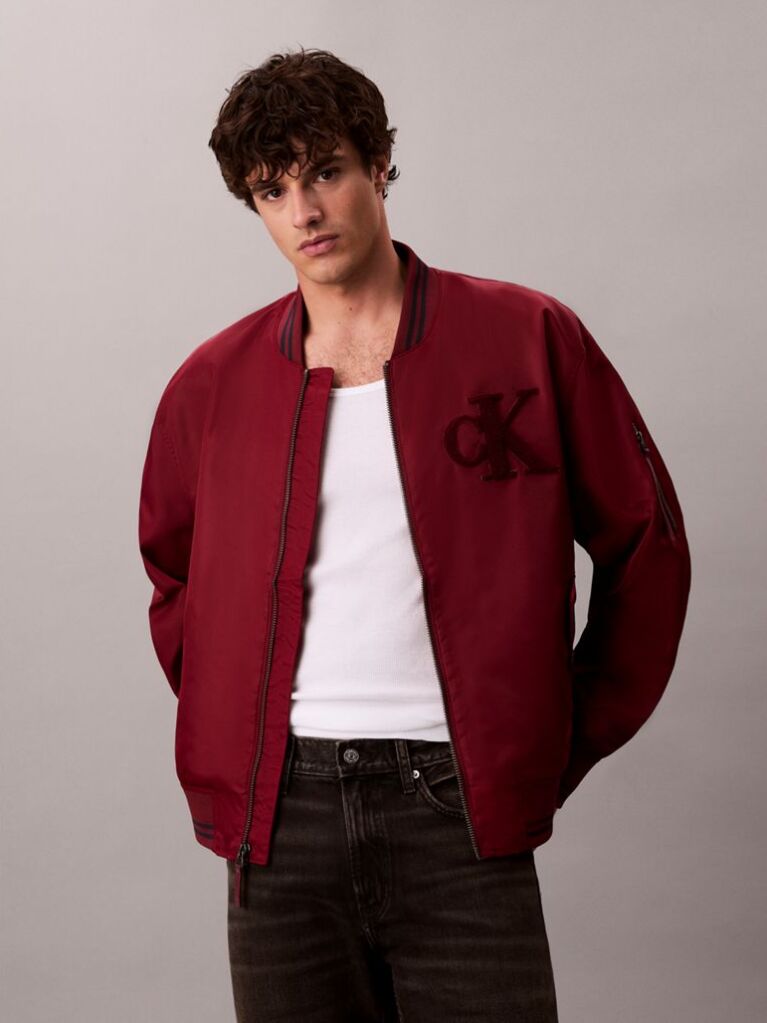 Red Nylon Tipped Bomber Jacket  Men