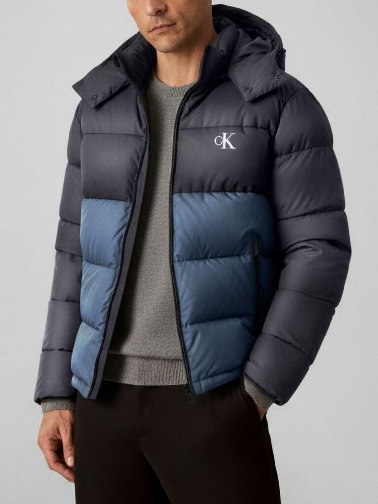 Black Colour Block Nylon Puffer Jacket  Men