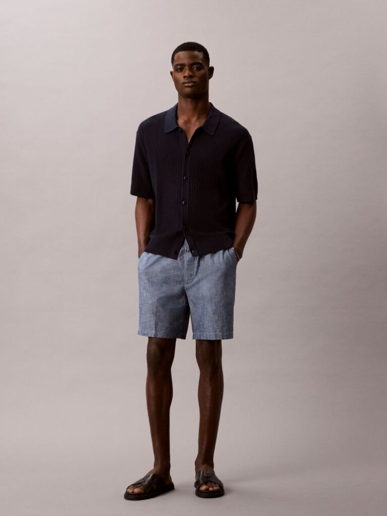 Blue Cotton Chambray Drawstring Shorts  Men