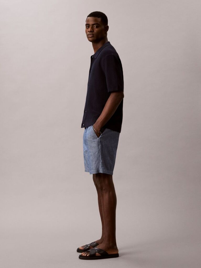 Blue Cotton Chambray Drawstring Shorts  Men