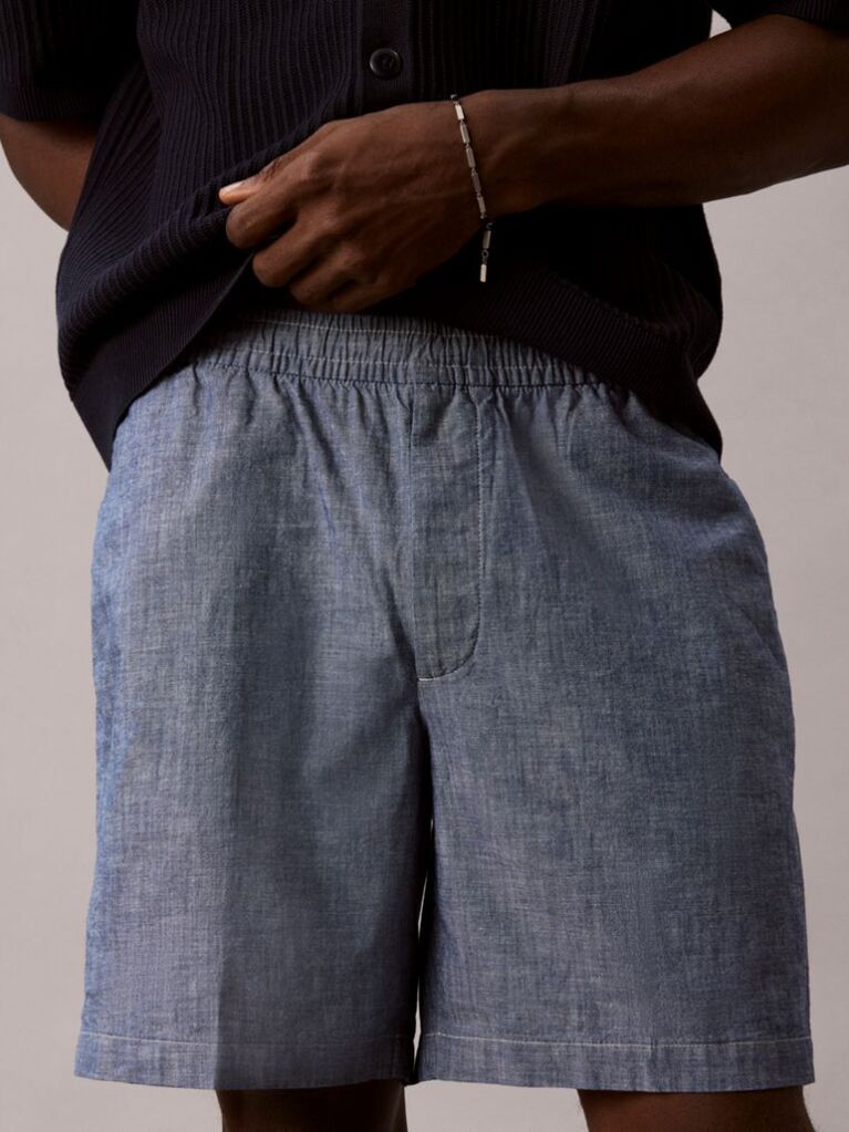 Blue Cotton Chambray Drawstring Shorts  Men