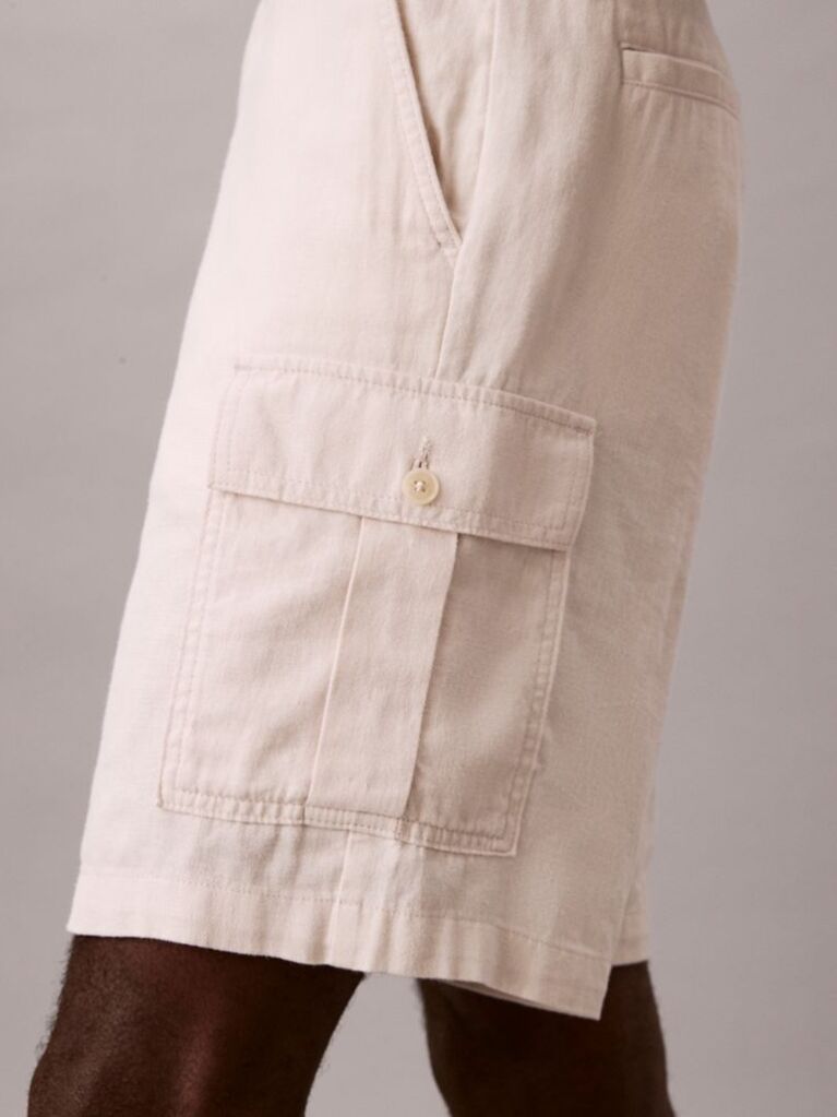 White Linen Cotton Cargo Shorts  Men