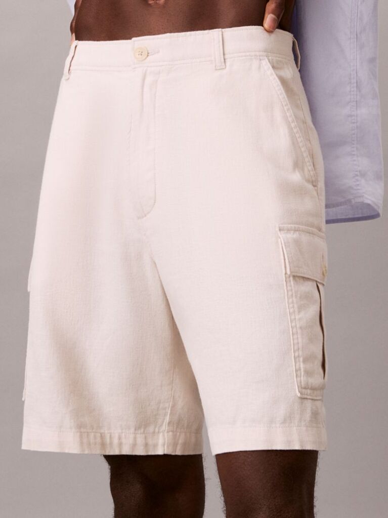 White Linen Cotton Cargo Shorts  Men