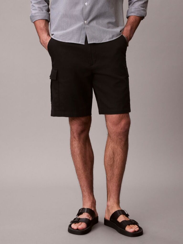 Black Linen Cotton Cargo Shorts  Men