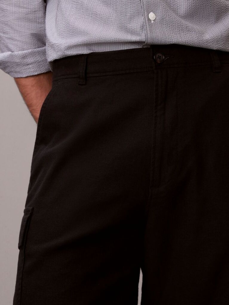 Black Linen Cotton Cargo Shorts  Men