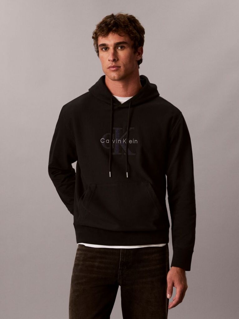 Μαύρο Hoodie Premium Terry Με Κουκούλα Και Denim Λογότυπο  Άνδρας