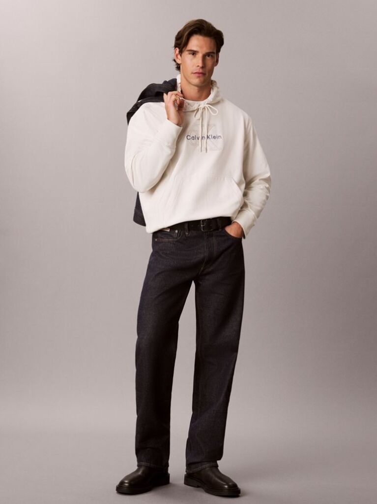 White Premium Terry Denim Logo Hoodie  Men