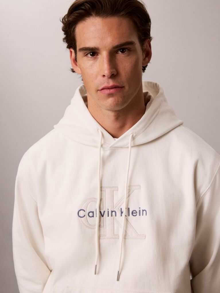 White Premium Terry Denim Logo Hoodie  Men