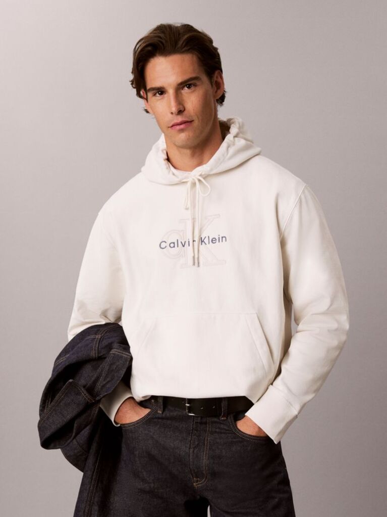 White Premium Terry Denim Logo Hoodie  Men
