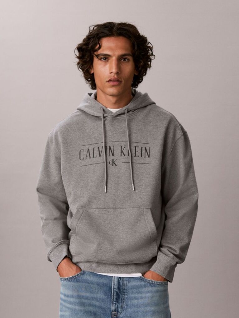 Γκρι Βαμβακερό Hoodie Φλις Με Κουκούλα Και Varsity Λογότυπο  Άνδρας