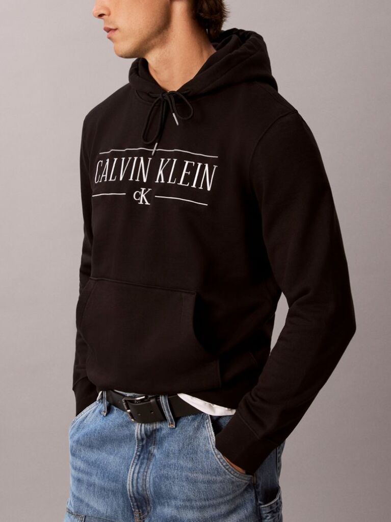 Μαύρο Βαμβακερό Hoodie Φλις Με Κουκούλα Και Varsity Λογότυπο  Άνδρας