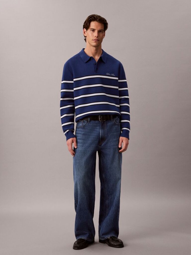 Blue Cotton Stripe Polo Jumper  Men