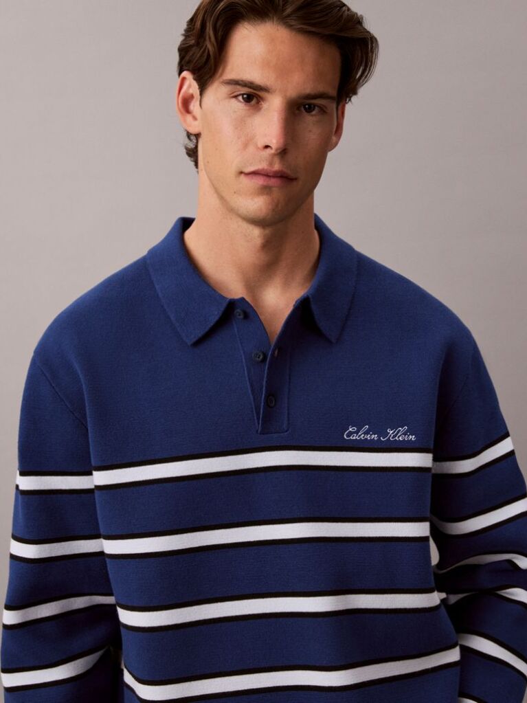 Blue Cotton Stripe Polo Jumper  Men