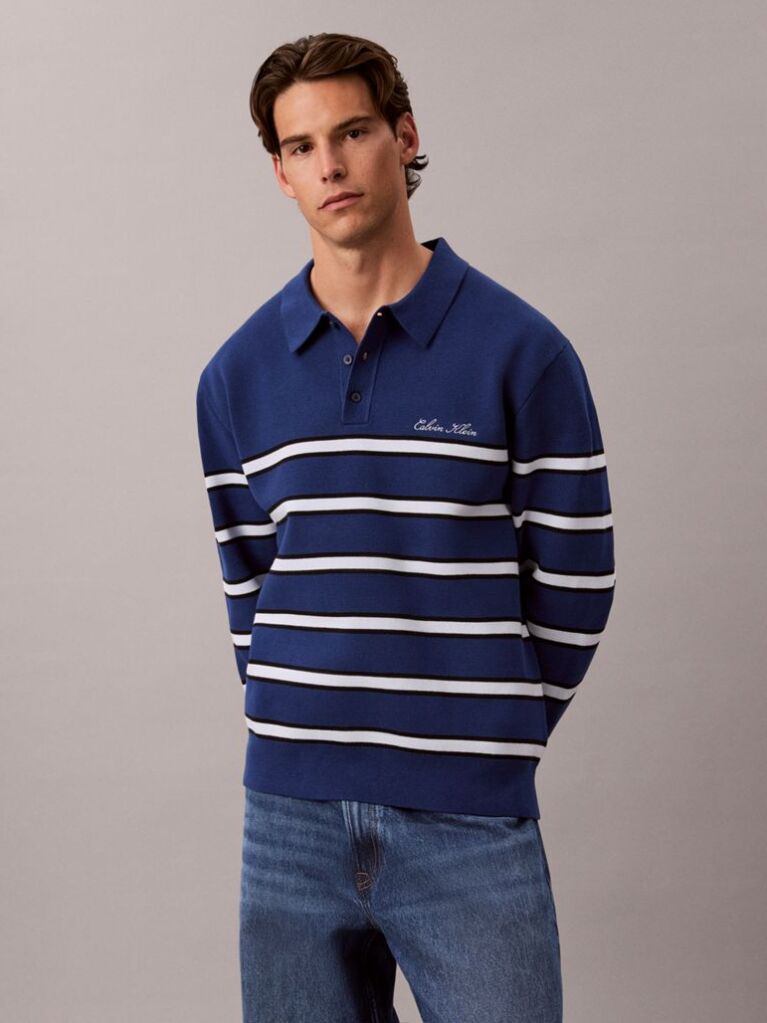 Blue Cotton Stripe Polo Jumper  Men