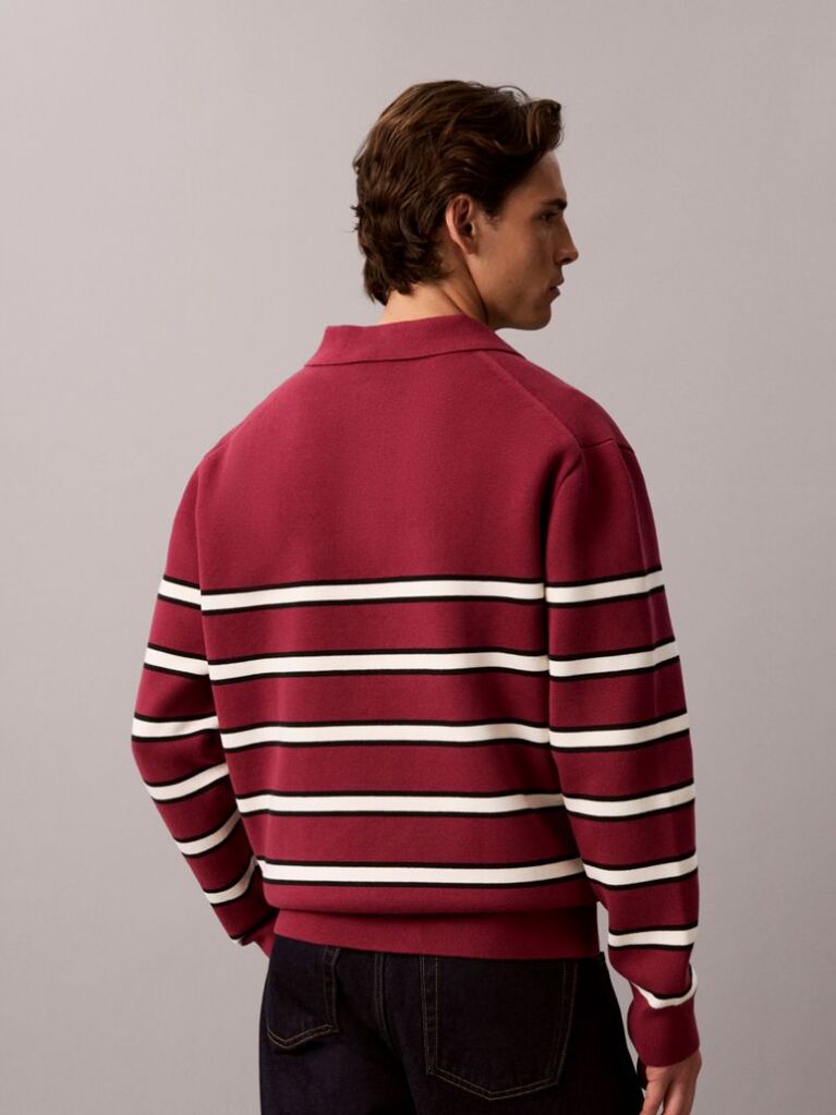 Red Cotton Stripe Polo Jumper  Men