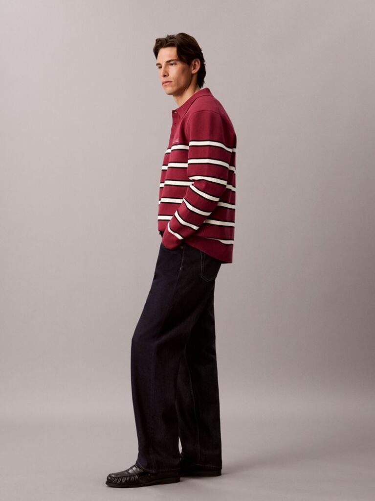Red Cotton Stripe Polo Jumper  Men