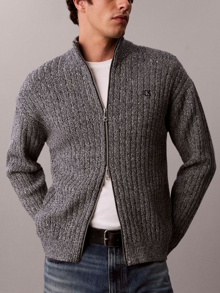 Grey Heathered Cotton Zip Cardigan  Men