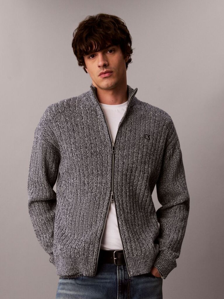 Grey Heathered Cotton Zip Cardigan  Men