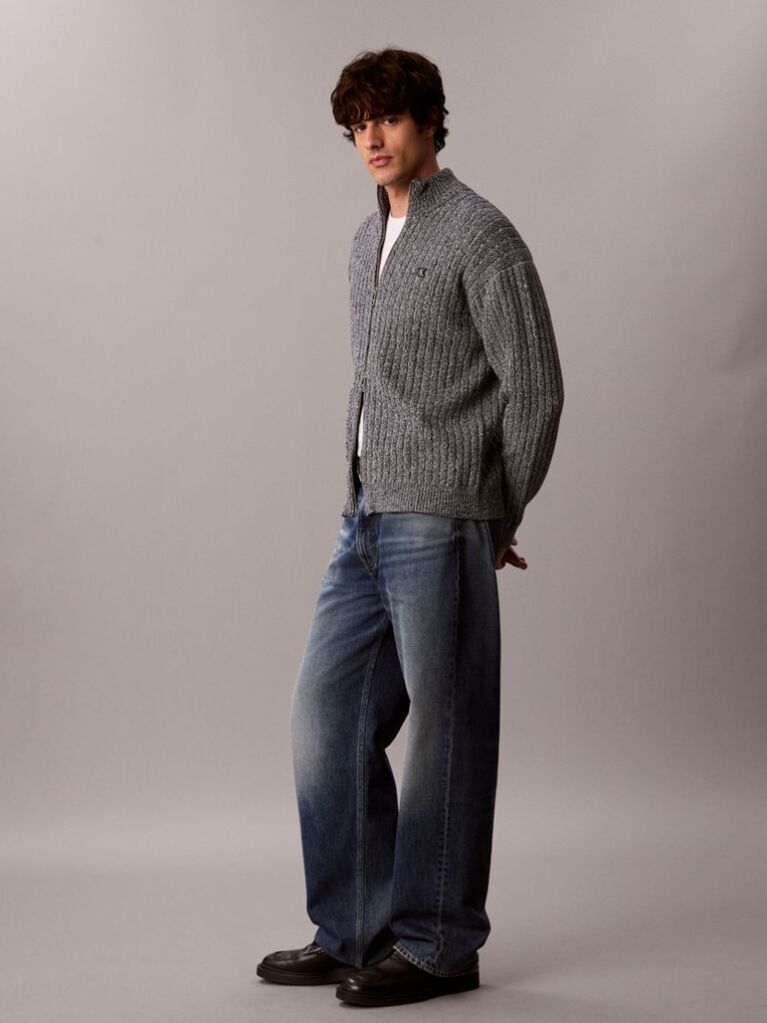 Grey Heathered Cotton Zip Cardigan  Men