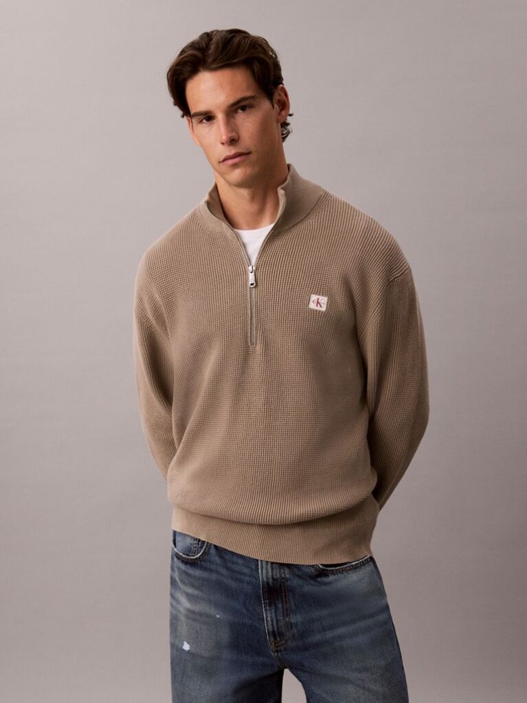Brown Cotton Waffle Half Zip Jumper  Men