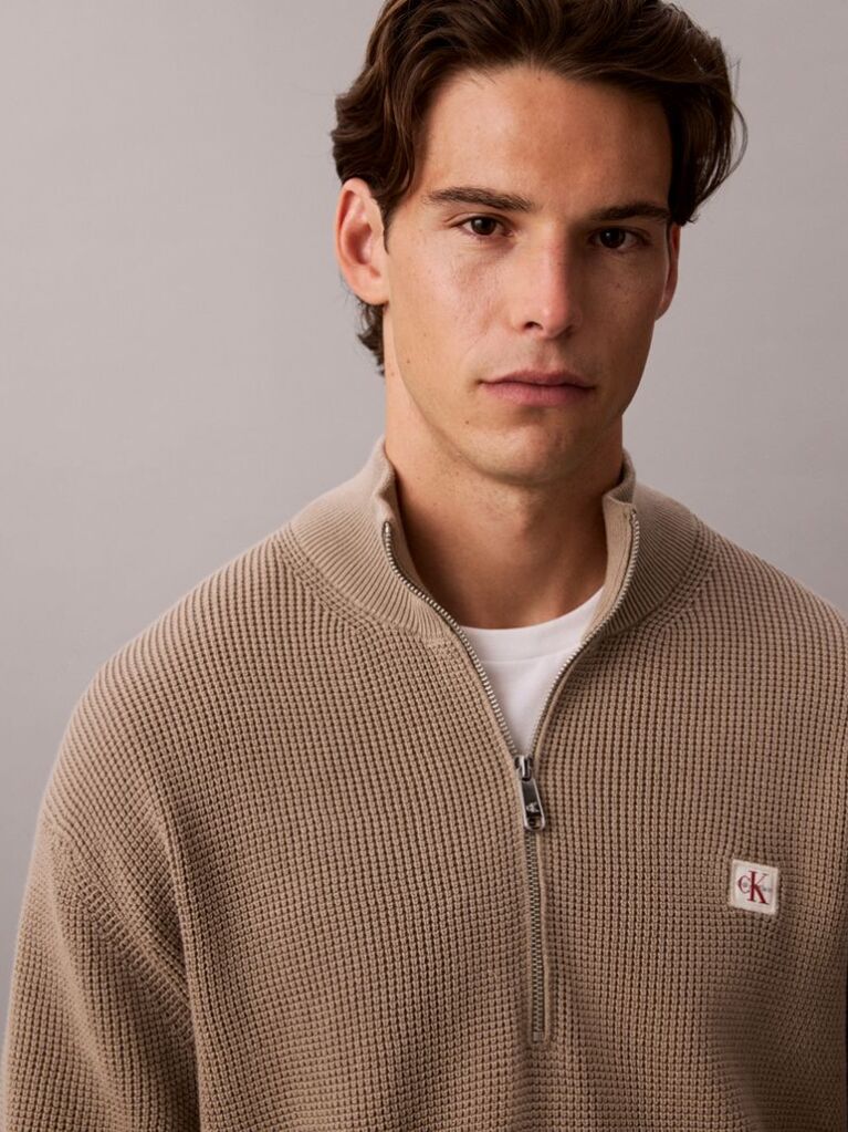 Brown Cotton Waffle Half Zip Jumper  Men