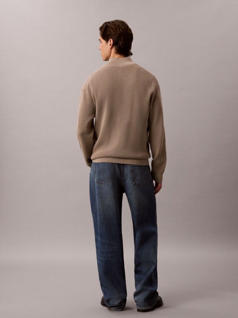 Brown Cotton Waffle Half Zip Jumper  Men