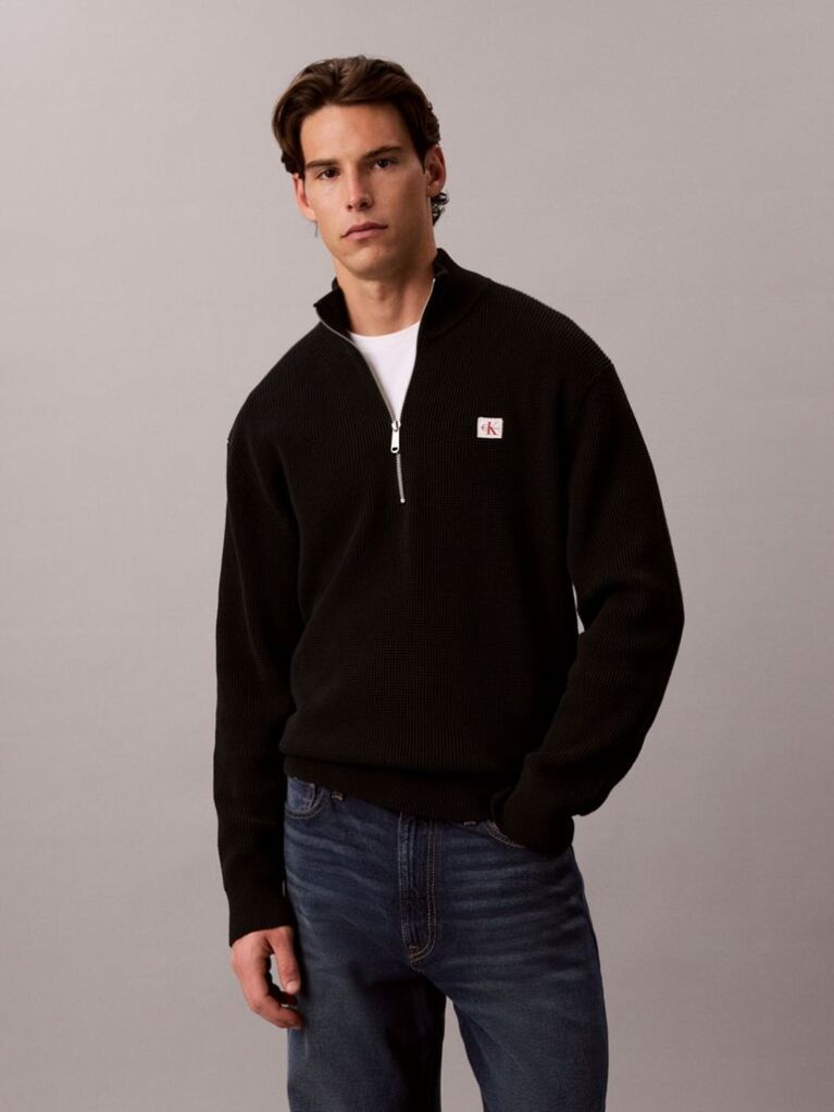 Black Cotton Waffle Half Zip Jumper  Men