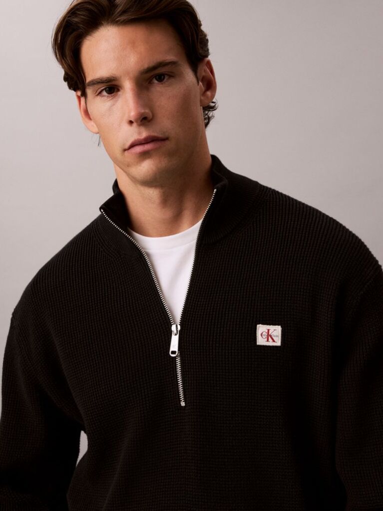 Black Cotton Waffle Half Zip Jumper  Men
