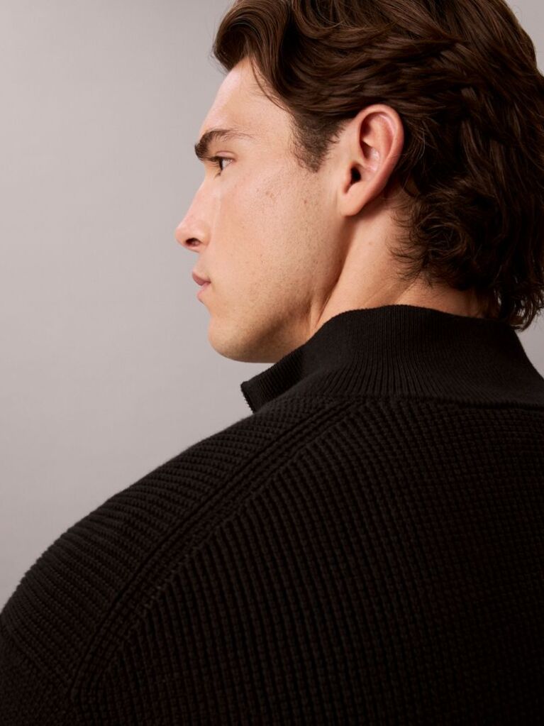 Black Cotton Waffle Half Zip Jumper  Men