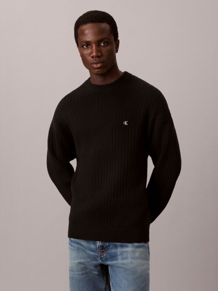 Black Cotton Ribbed Jumper  Men