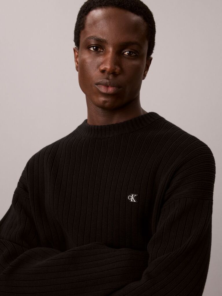 Black Cotton Ribbed Jumper  Men