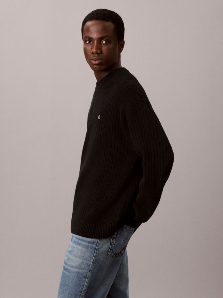 Black Cotton Ribbed Jumper  Men
