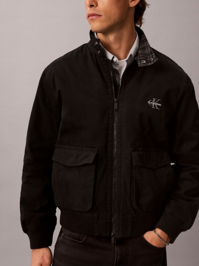 Black Cotton Canvas Harrington Jacket  Men