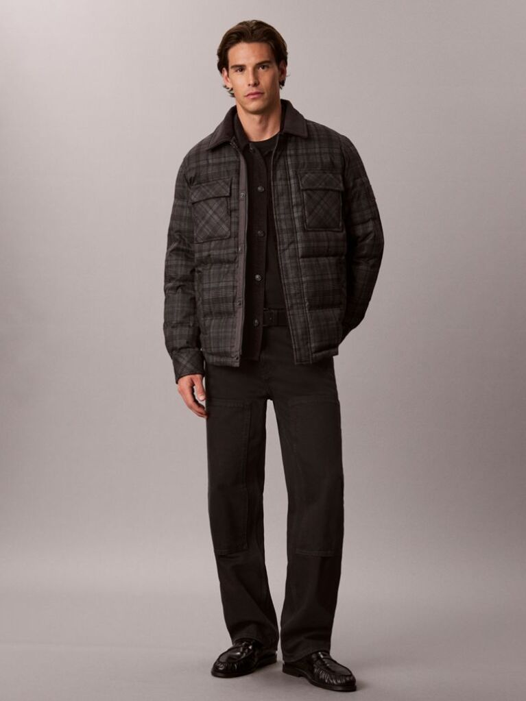 Γκρι Φουσκωτό Shirt Jacket Με Καρό Μοτίβο  Άνδρας