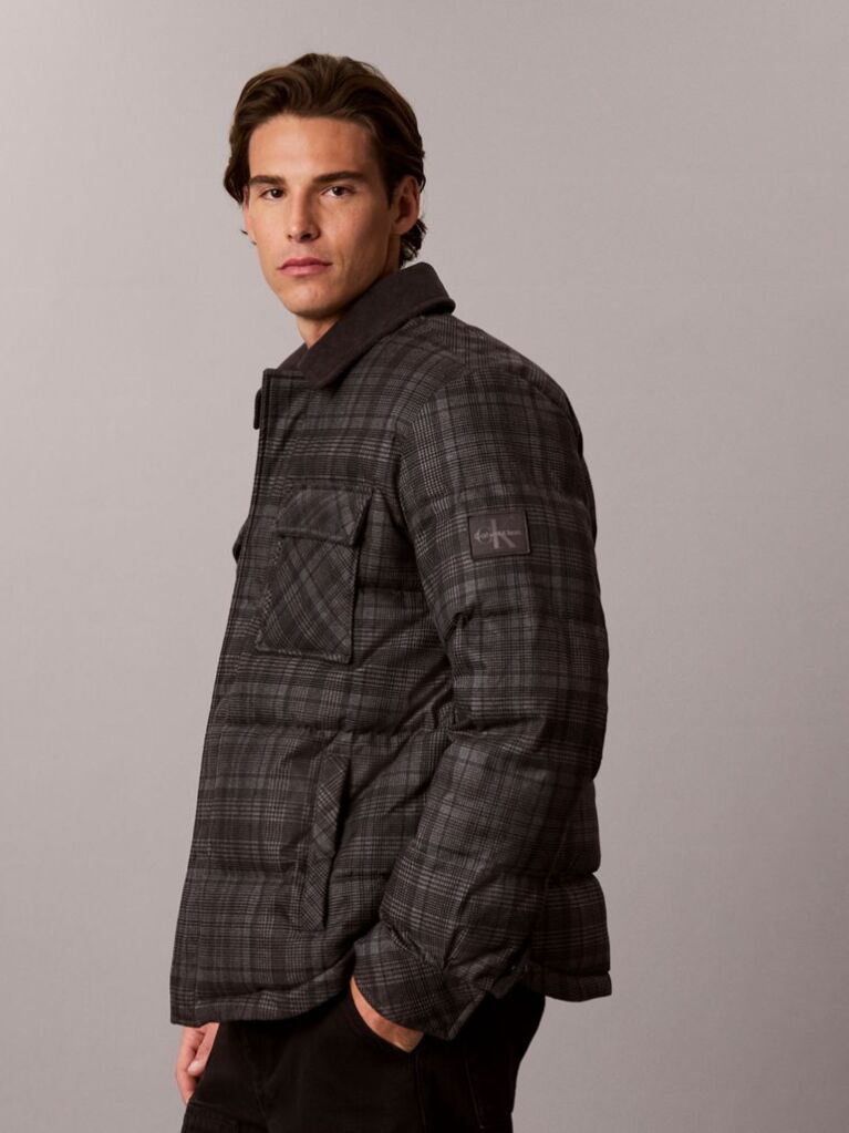 Γκρι Φουσκωτό Shirt Jacket Με Καρό Μοτίβο  Άνδρας